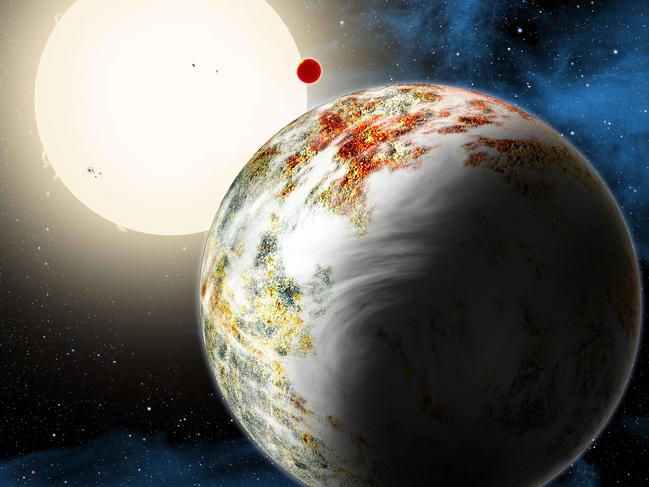 This June 2, 2014 handout provided by the Harvard-Smithsonian Center for Astrophysics, shows the newly discovered 'mega-Earth' Kepler-10c dominating the foreground in this artist's conception. Its sibling, the lava world Kepler-10b, is in the background. Both orbit a sunlike star. Astronomers announced June 2, 2014 that they have discovered a new type of planet -- a rocky world weighing 17 times as much as Earth. Theorists believed such a world couldn't form because anything so hefty would grab hydrogen gas as it grew and become a Jupiter-like gas giant. This planet, though, is all solids and much bigger than previously discovered 'super-Earths,' making it a 'mega-Earth.' AFP PHOTO / HANDOUT /Harvard-Smithsonian Center for Astrophysics / David A. Aguilar (CfA) == RESTRICTED TO EDITORIAL USE, MANDATORY MENTION OF THE ARTIST UPON PUBLICATION, TO ILLUSTRATE THE EVENT AS SPECIFIED IN THE CAPTION ==