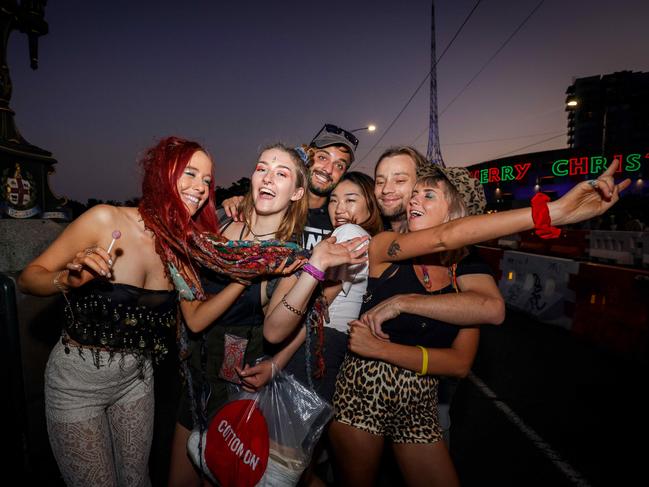 Breanna, Maggie, Daniel, Ashley, Jack and Maddie celebrate at Federation Square. Picture: Nicole Cleary