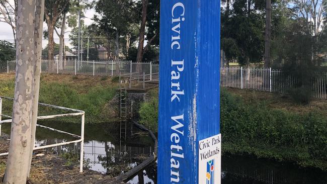 The Civic Park entrance near the carpark.