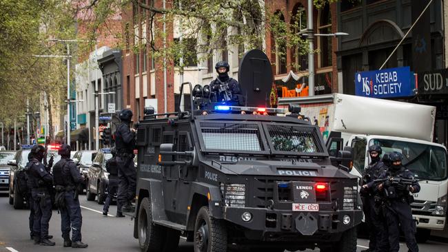 The Critical Incident Response Team in a show of force on Melbourne’s streets. Picture: Darrian Traynor