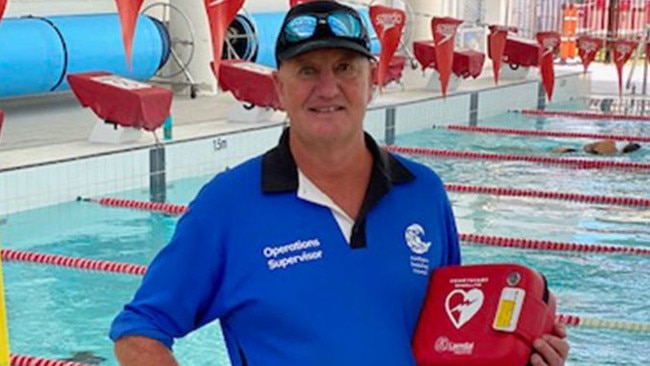 Northern Beaches Council senior lifeguard Scott Riddington with a defibrillator at the Andrew Charlton Pool at Manly. Picture: Northern Beaches Council