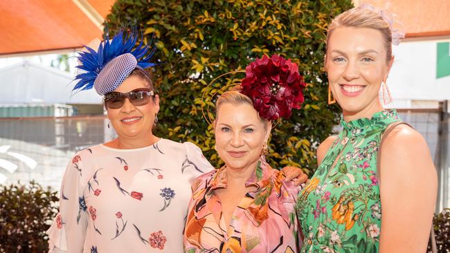 Natalie Shervill, Daniel Davies and Emma Pomeroy at the 2023 Darwin Cup Carnival Ladies Day. Picture: Pema Tamang Pakhrin
