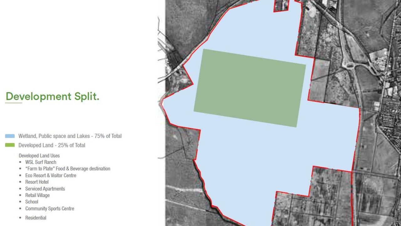 The proposed development split for a Surf Ranch and associated tourism, commercial and residential developments on a 510ha site in Coolum. Green represents developed land (25 per cent of total) and blue represents wetland, public space and lakes (75 per cent of total).