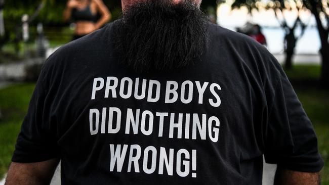 A supporter of US President Donald Trump wears a Proud Boys shirt. Picture: Chandan Khanan/AFP