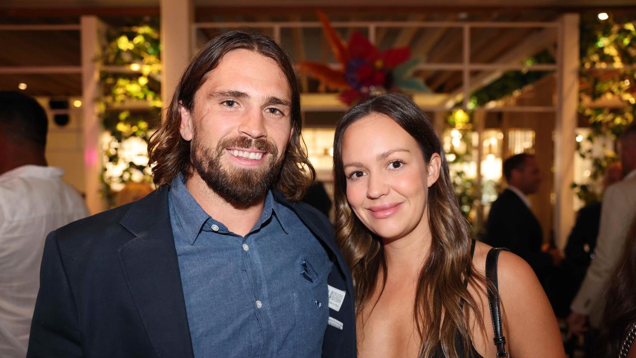 Aaron Booth and Aysha Axtell at the Gold Coast Titans Season Launch 2024 at The Star Gold Coast Garden Bar for Gold Coast at Large. Picture: Portia Large