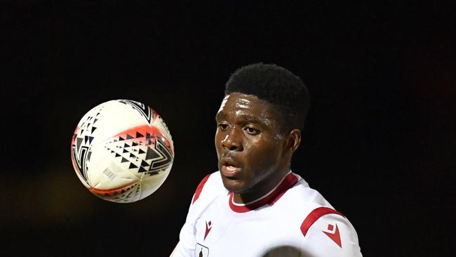 Al-Hassan Toure of Adelaide United in action during the FFA Cup 3-2 win over Brisbane’s Olympic at Perry Park in Brisbane. Picture: AAP Image/Darren England