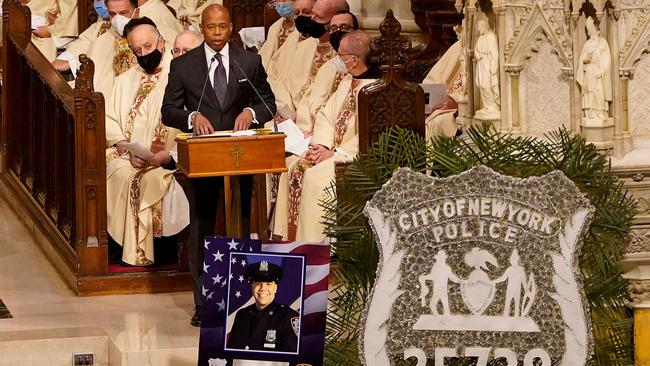 New York City Mayor Eric Adams addresses mourners during the funeral service for Jason Rivera. Picture: AFP