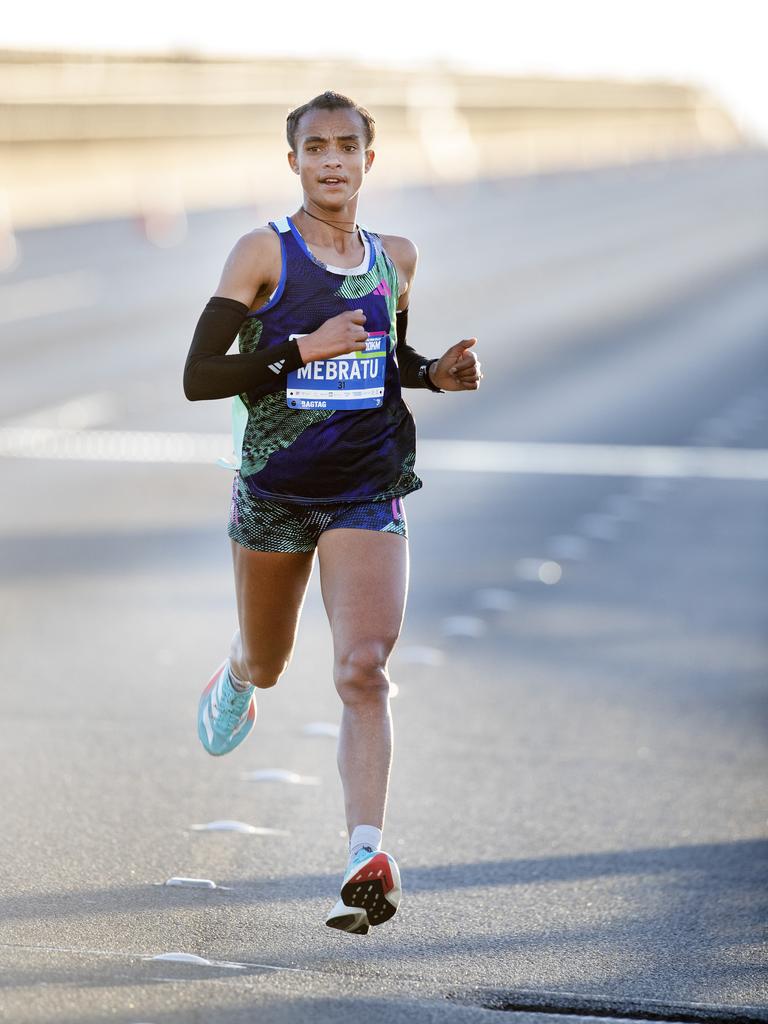 Aynadis Mebratu wins the women's Run the Bridge at Hobart. Picture: Chris Kidd