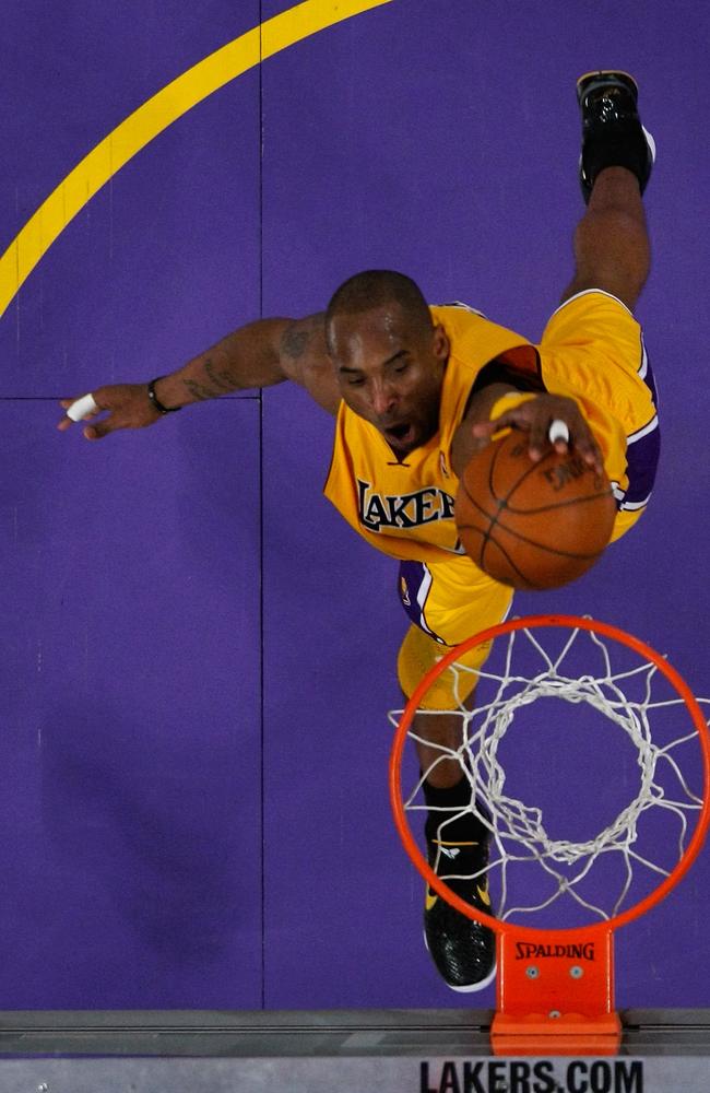 Kobe Bryant #24 of the Los Angeles Lakers dunks the ball with his left hand in the lane in the third quarter against the New Orleans Hornets in Game Five of the Western Conference Quarter finals in the 2011 NBA Playoffs on April 26, 2011 at Staples Center in Los Angeles. Picture: Getty