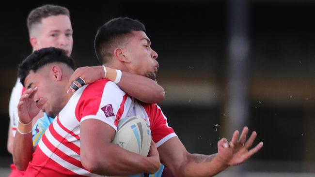 Keebra Park host Palm Beach Currumbin at Owen Park in the Langer Cup. PBCs Xavier Willison hit high by Keebra Parks Tuvalli Khan-Pereira. Picture Glenn Hampson