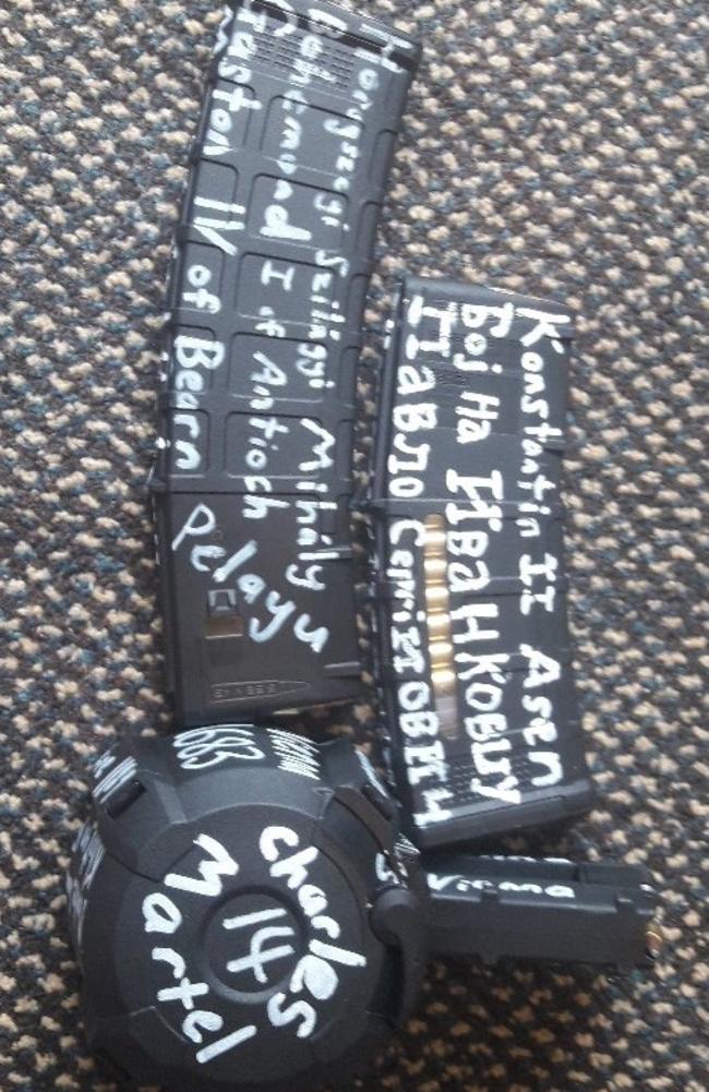 Ammunition magazines and equipment carried by Tarrant was festooned with the names of murderers of Muslims from Europe and North America, as well as historical generals and admirals who fought Muslim nations in past centuries. Picture: Twitter 