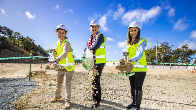 Premier Annastacia Palaszczuk, Health Minister Yvette D’&#149;Ath and Gold Coast-based Minister Meaghan Scanlon turn the sod on the Tugun Satellite Hospital. Picture: NIGEL HALLETT