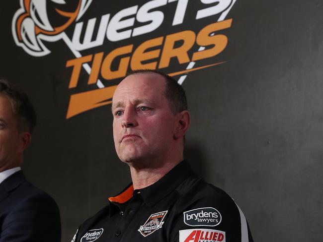 Wests Tigers CEO Justin Pascoe and new coach Michael Maguire speak during a press conference at Concord Oval, Sydney.