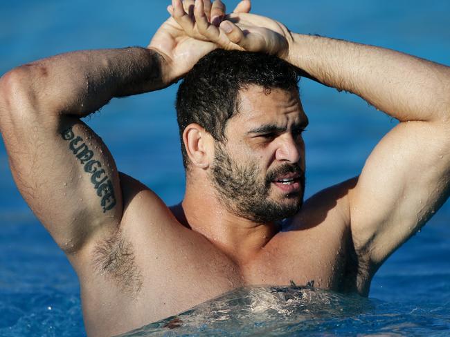 Greg Inglis. The Queensland Origin side going for their morning swim at Sanctuary Cove.  Pic Peter Wallis