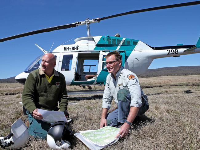 Robert Gibbs and Tony Stubbs from National Parks scout out the areas where the brumbies roam through the national park, which is only accessible by helicopter. Picture: Stephen Cooper