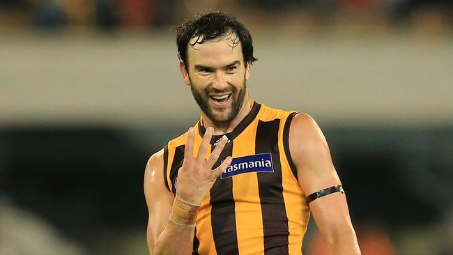 Jordan Lewis had the ultimate comeback for Heath Grundy during the Hawthorn v Sydney clash at the MCG in Round 8, 2016. Picture: Wayne Ludbey