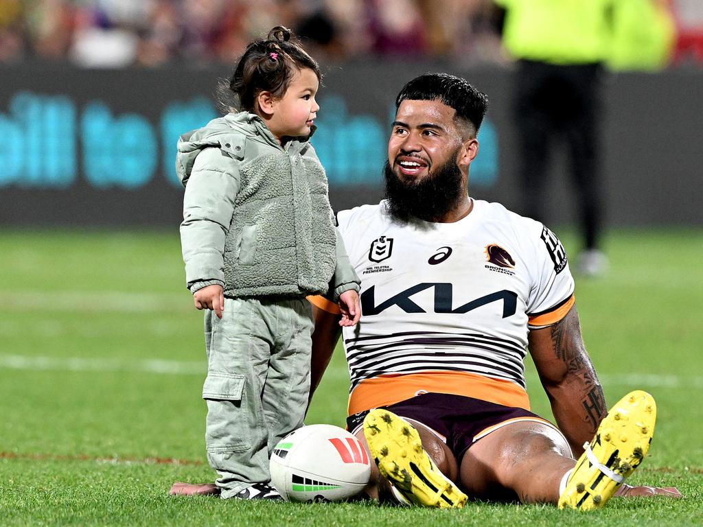 Payne Haas with his daughter, Lala. Picture: Bradley Kanaris/Getty