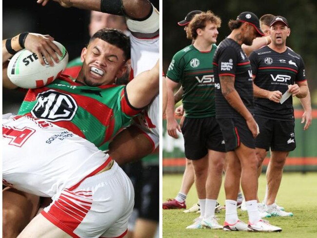 Souths youngster Leon Te Hau and Rabbitohs training. Photos: Getty Images