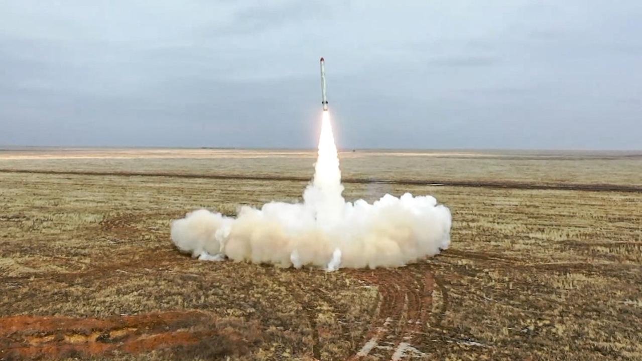 A Russian Iskander-K missile is launched during a training launch as part of the Grom-2022 Strategic Deterrence Force exercise at a location in Russia. (Photo by Handout / Russian Defence Ministry / AFP)