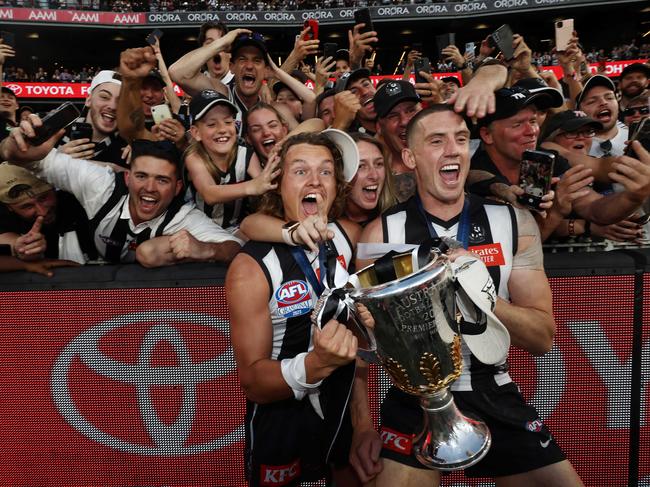 Jack Ginnivan and Darcy Cameron of the Magpies celebrate in front of their home crowd at the MCG in 2023. Picture: Michael Klein