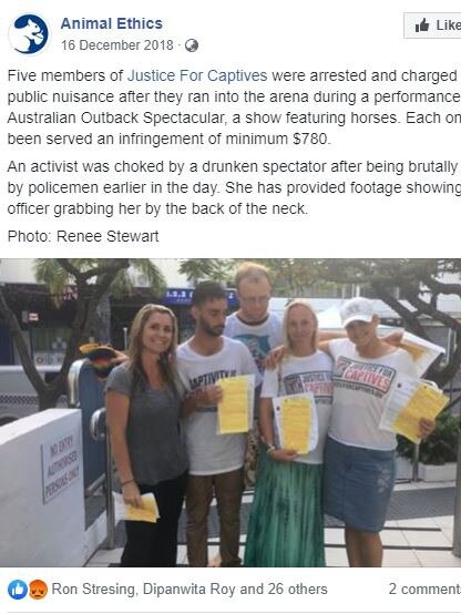 Renee Stewart with a group of Justice for Captives activists, after they were arrested and charged with public nuisance while protesting animals at Gold Coast theme parks. Photo: Facebook