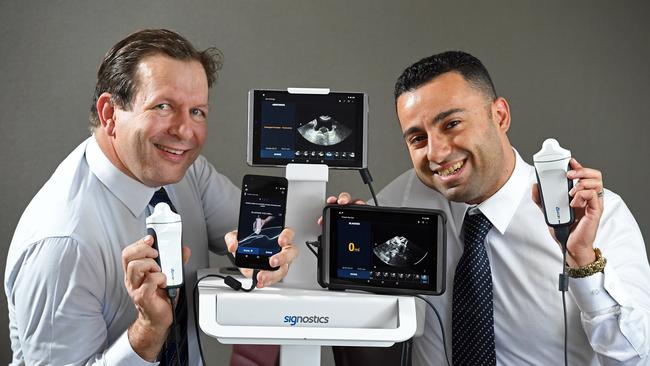 Signostics co-founder Stewart Bartlett and senior research and development engineer Joe El-Aklouk withsome of their ultrasound devices they have developed at their offices in Tonsley. Photo Tom Huntley.