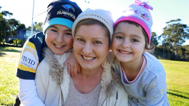 L-R 10 year old Joshua Georges, cancer survivor Cheree Georges and 6 year old Annabelle Georges. Winston Hills Hawks mum Cheree is currently being treated for brain cancer. Pictures: Angelo Velardo