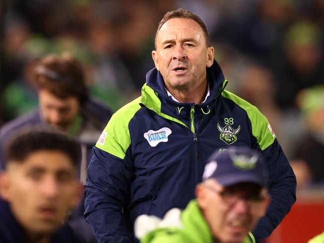 Canberra coach Ricky Stuart caused a stir when he said NRL coaches who can’t have tough conversations with their players might as well coach netball. Photo: Mark Nolan/Getty Images.