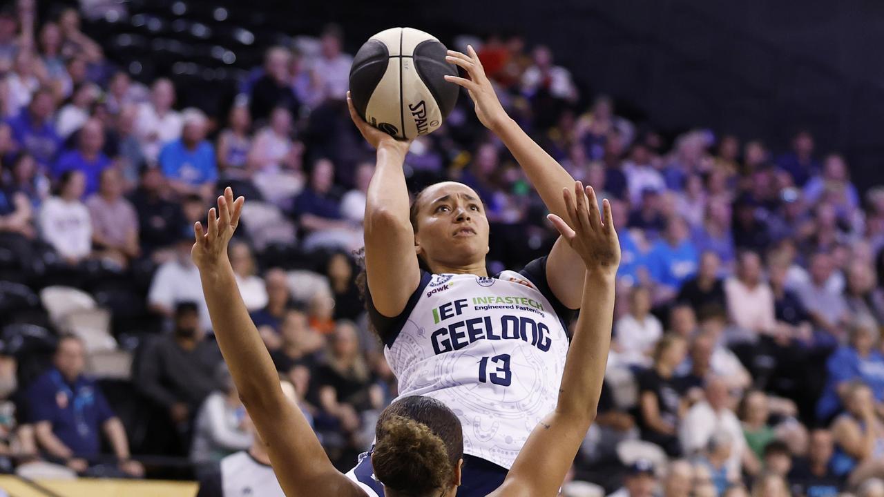 Geelong United’s Haley Jones shoots under pressure from Tera Reed on Wednesday night. Picture: Daniel Pockett/Getty Images