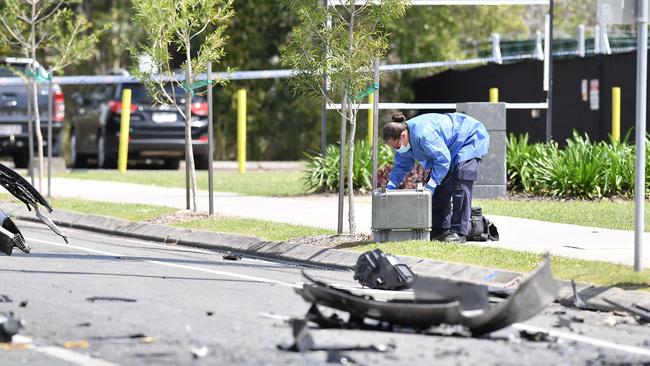 A woman has died in a horror crash involving a young driver allegedly in a stolen Mercedes outside a school on the Sunshine Coast. Picture: Patrick Woods.