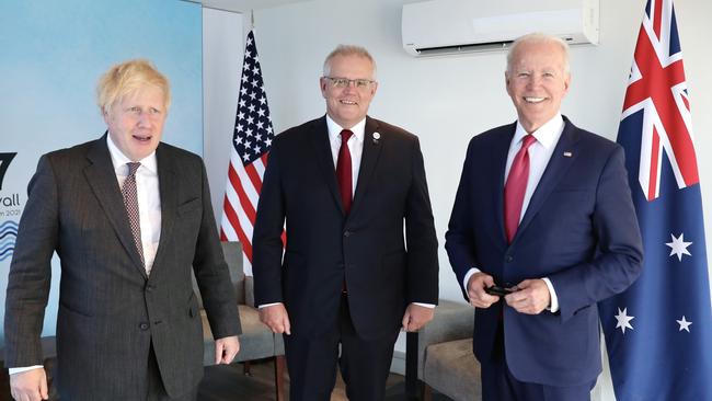 Then Prime Minister Scott Morrison with Joe Biden and Boris Johnson during the G7 Leaders meeting in Cornwall, 2021. Picture: Adam Taylor/PMO