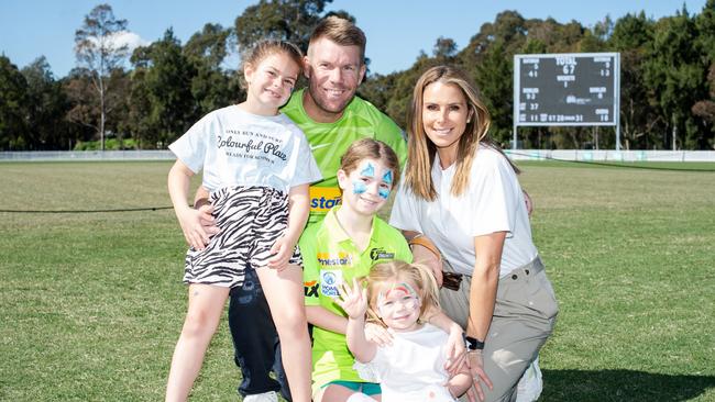 David Warner with his wife, Candice, and their kids. Picture: Ian Bird/CNSW.