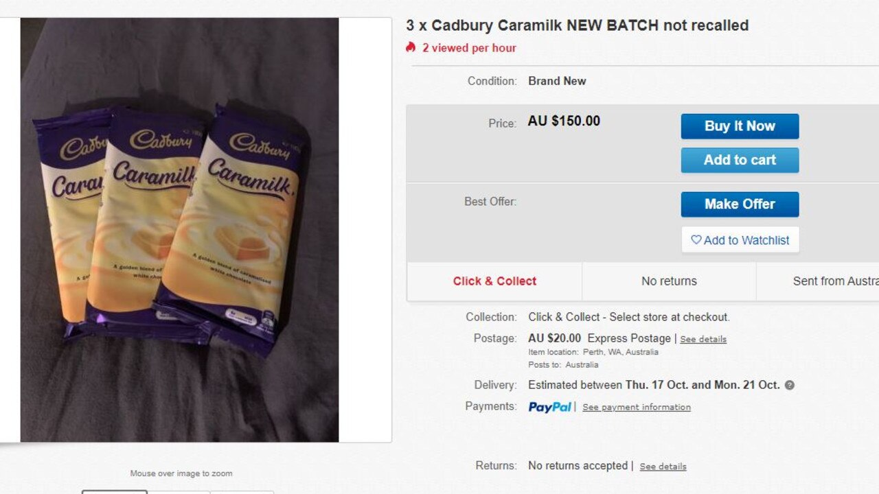 A listing on eBay offering three bars of Caramilk for a steep $50 each, plus $20 postage.