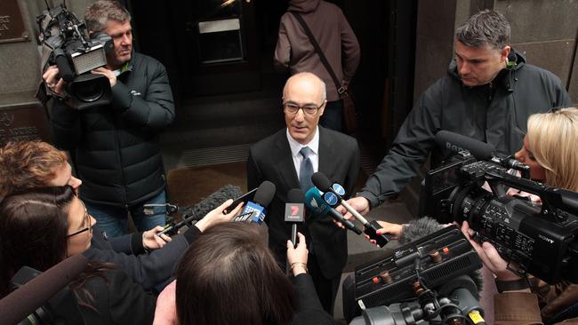 Rebel Wilson's lawyer Richard Leder speaks to the media outside the Victorian Supreme Court today. AAP Image/Stefan Postles