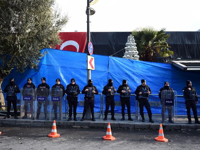 Turkish anti-riot police officers in front of the Reina nightclub, one of Istanbul's most exclusive party spots. Picture: AFP