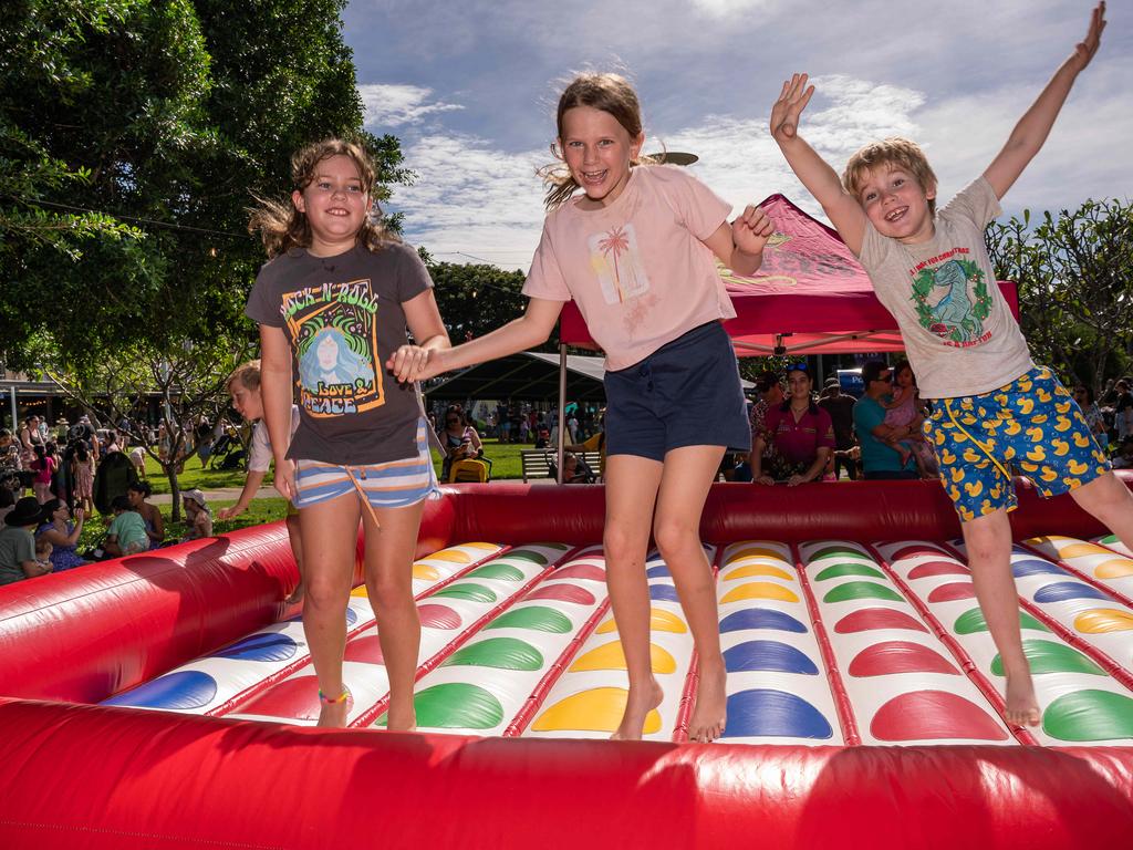 Jenny, Isabella and Hamish enjoy bouncing into Easter. Picture: Pema Tamang Pakhrin