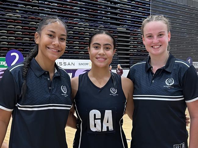 Queensland School Sport Netball 2023. L-R: Harmony Letoa, Eden Ah Toon, Charlotte Blain)