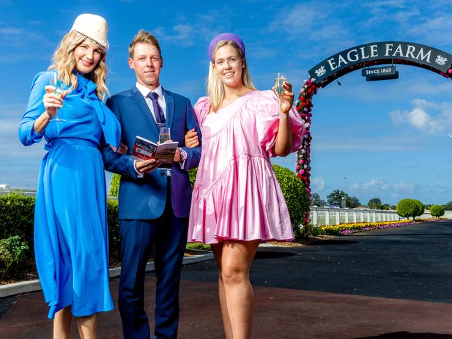 Sharyn Ghidella, Chris Hurley and Cassie Reilly at Eagle Farm Racecourse, Friday, April 28, 2023 - Picture: Richard Walker