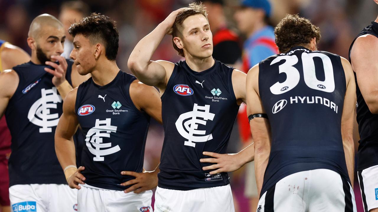 BRISBANE, AUSTRALIA - SEPTEMBER 23: Lachie Fogarty of the Blues looks dejected after a loss during the 2023 AFL Second Preliminary Final match between the Brisbane Lions and the Carlton Blues at The Gabba on September 23, 2023 in Brisbane, Australia. (Photo by Michael Willson/AFL Photos via Getty Images)