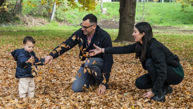 Adi and Madeline Ruiz with baby Ruby in New Norfolk, Tasmania. Picture: Chris Crerar