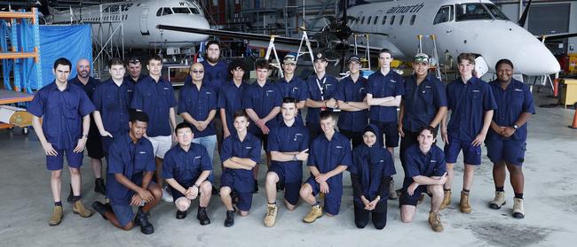 Aviation Australia has partnered with Jet Aviation to provide over 20 cadetships for Licenced Aircraft Maintenance Engineers, addressing the skills shortage suffered during the covid pandemic. Khalisah Mohammed, 22, and Marcus Stallan Caamano, 16, inspect some bodywork from an Air North turbo prop aircraft. Picture: Brendan Radke