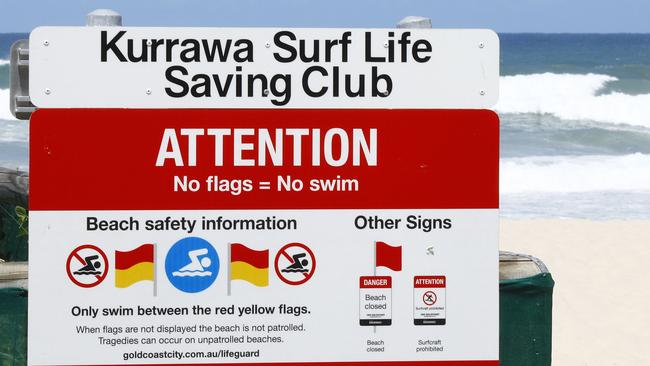 Warning signs on the Gold Coast beaches. Picture: NCA NewsWire/Tertius Pickard.