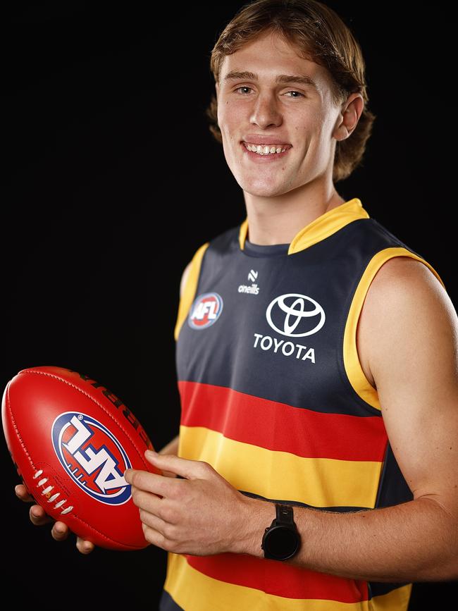 Daniel Curtin of the Crows poses for a photograph during the 2023 AFL Draft at Marvel Stadium in Melbourne. Picture: Daniel Pockett/Getty Images