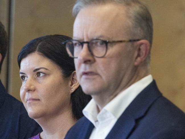 Prime Minister of Australia Anthony Albanese, Northern Territory Chief Minister Natasha Fyles and Federal Member for Solomon Luke Gosling at a press conference at the Legislative Assembly of the Northern Territory. Picture: Floss Adams.