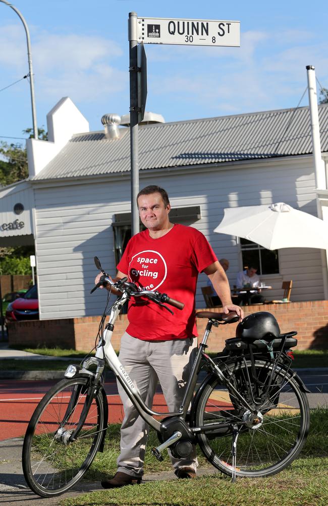 BrisWest Bicycle Users Group co-convenor Chris Cox at the Quinn Rd intersection on Sylvan Rd in Toowong. Picture: Chris Higgins