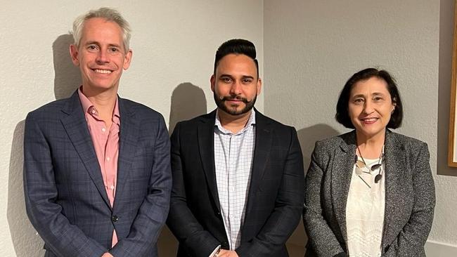 Federal Immigration Minister Andrew Giles, migration agent Harjeet Chahal and Victorian Minister Lily D'Ambrosio at the $1000-a-head Labor fundraiser on October 2.