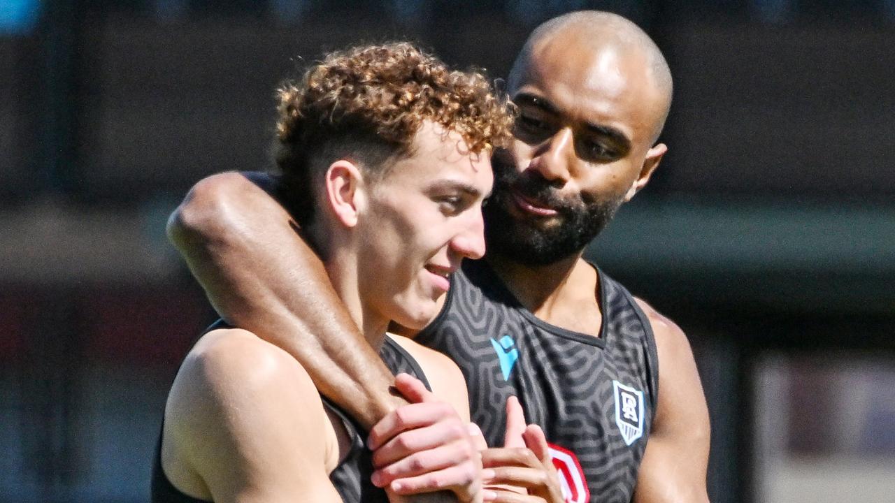 SEPTEMBER 16, 2024: Logan Evans and Esava Ratugolea during Port Adelaide training at Alberton. Picture: Brenton Edwards