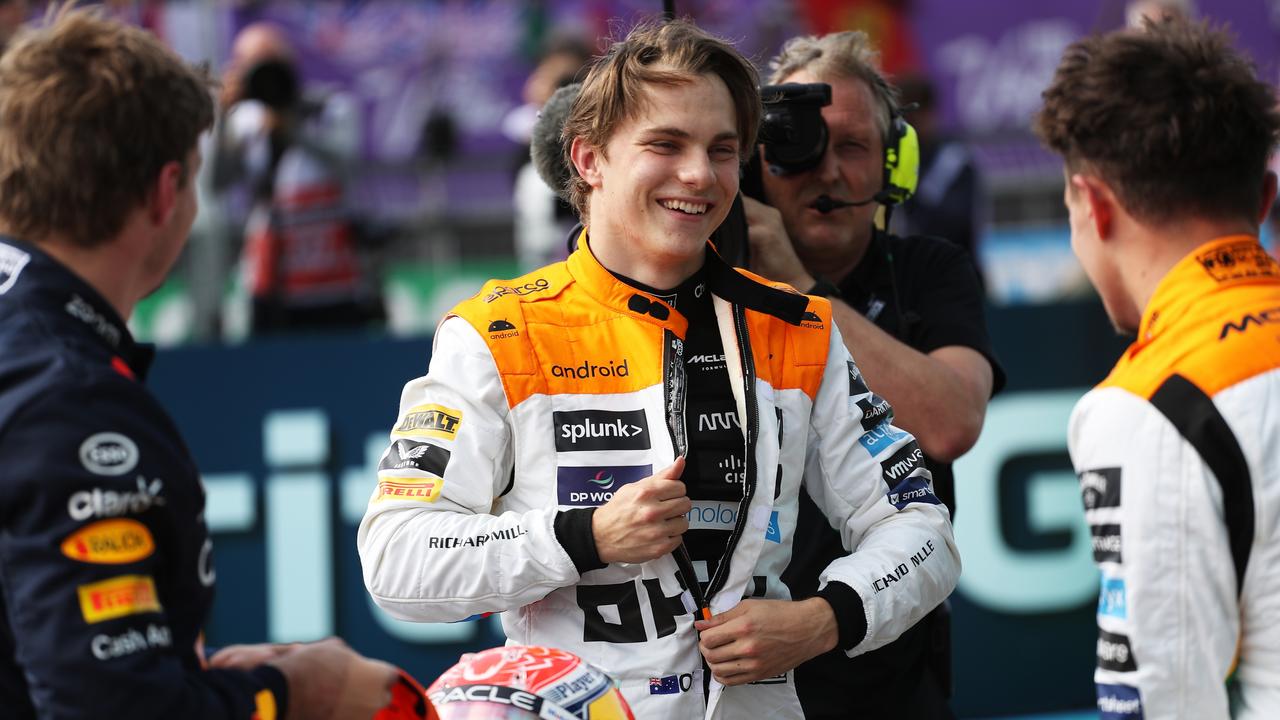 NORTHAMPTON, ENGLAND - JULY 08: Third placed qualifier Oscar Piastri of Australia and McLaren celebrates in parc ferme during qualifying ahead of the F1 Grand Prix of Great Britain at Silverstone Circuit on July 08, 2023 in Northampton, England. (Photo by Peter Fox/Getty Images)