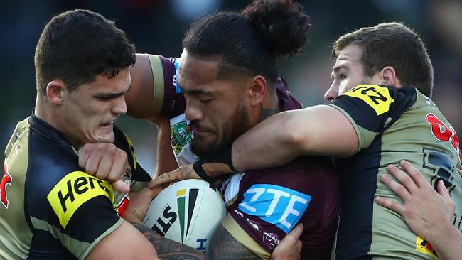 Manly’s Jorge Taufua takes on the Penrith defence on Sunday. Picture: Getty Images.