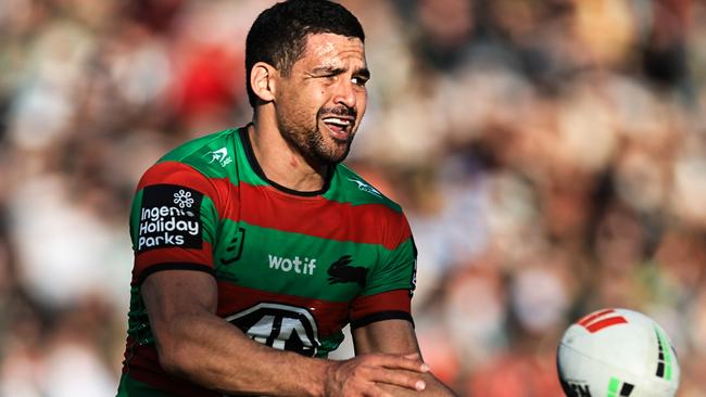 GOSFORD, AUSTRALIA - JULY 20: Cody Walker of the Rabbitohs passes the ball during the round 20 NRL match between South Sydney Rabbitohs and Wests Tigers at Industree Group Stadium, on July 20, 2024, in Gosford, Australia. (Photo by Mark Evans/Getty Images)